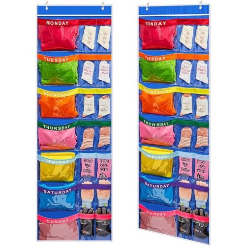 Oudain 2 Pcs Weekly Kids Clothes Organizer Large 21 Pockets 7-shelf, Blue
