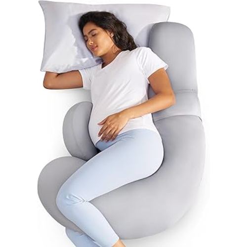 Momcozy Cooling Pregnancy Pillow,Original F Shaped Maternity Pillow for Pregnant Women with Adjustable Wedge Pillow, Full Body Support Pregnancy Pillows for Side Sleeping with Velvet Cover, Light Grey