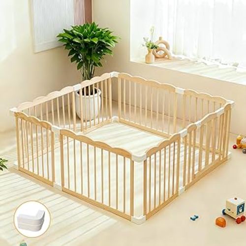 Play Pen for Toddlers 1-3, Portable Wooden Baby Playpen Large Easy Assembly Activity Center Baby Fence Portable Play Yard for Toddlers with Safety Lock(Non-Foldable Connector)