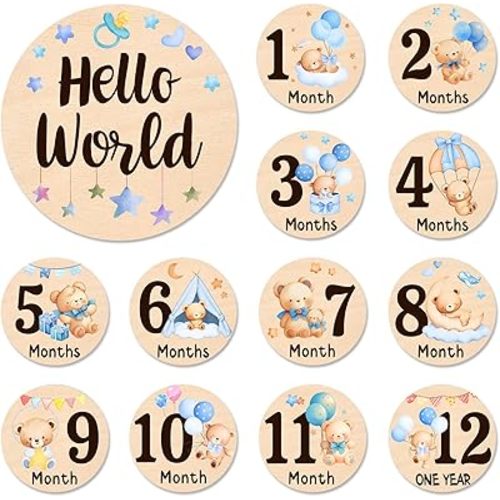 Baby Monthly Milestone Cards - 13 Double-Sided Wooden Milestone Signs Discs with Bear & Star Designs, Little Bears Birth Announcement Cards for Photo Props(0-12 Months), Newborn Sign Baby Shower/Gift