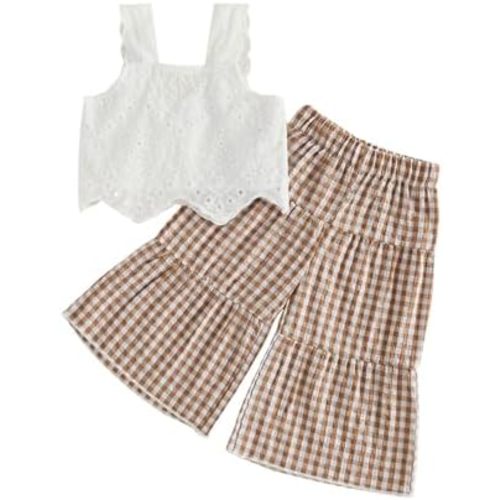 Toddler Girl Summer Outfits Eyelet Cami Tops+Plaid Wide Leg Pants 2Pcs Set
