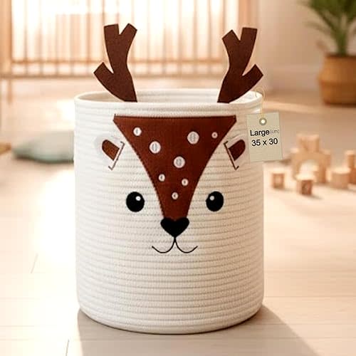 Nursery Storage Basket, Large 14” x 12” Woven Cotton Rope Baby Bin with Deer Design, Cutout Handles, Baby-Safe Kids Toy Organizer for Stuffed Animals, Laundry Hamper, Foldable & Washable (Deer)