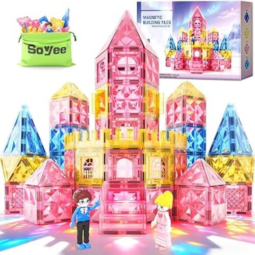 Soyee Diamond Magnetic Tiles Magnet Building Blocks - Princess Castle Toys for Girls & Boys Age 3-8 Birthday Present 5 6 7 8 9 10 Year Old Gifts for Kids Classroom