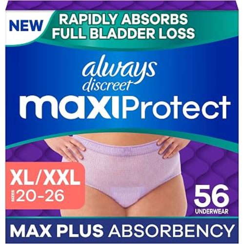 Always Discreet MaxiProtect Adult Diapers for Women, Incontinence Underwear, Scented, Postpartum Essentials, Bladder Leak Protection, Disposable Briefs, Maximum Plus Absorbency, Size XL/XXL, 56 Count