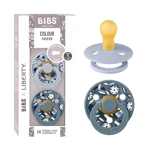 BiBS Liberty Pacifier 2-Pack, BPA Free Pacfiers with Natural Latex Round Nipple, Made in Scandinavia, Size 1 (0-6 Months), Bobo Dusty Blue Mix