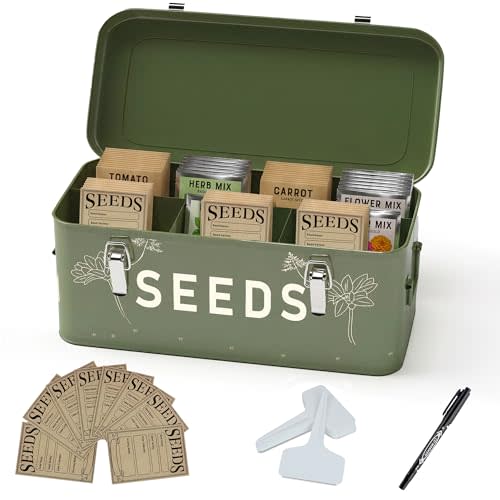 Orionstar Metal Seed Storage Organizer, 4 Compartments, Vintage Dark Green | Alloy Steel, Side Handles, Latch Closure, Fits 3x5 Packets, 30 Envelopes, Plant Labels