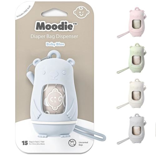 Teddy Bear Diaper Bag Dispenser | Diaper Trash Bags on the Go Dispenser w/Silicon Strap | 15 UNSCENTED Baby Poop Bags per Roll | Dirty Diaper Bags Disposable | Diaper Waste Bags (BABY BLUE)
