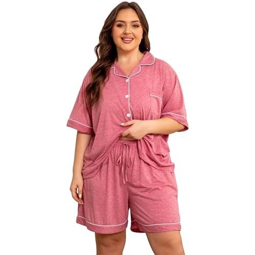 Vozanet Women Button Down Pajama Sets Summer Rayon Sleepwear Plus Size Classic Loungewear 2pcs Shirt & Shorts Nighty PJS