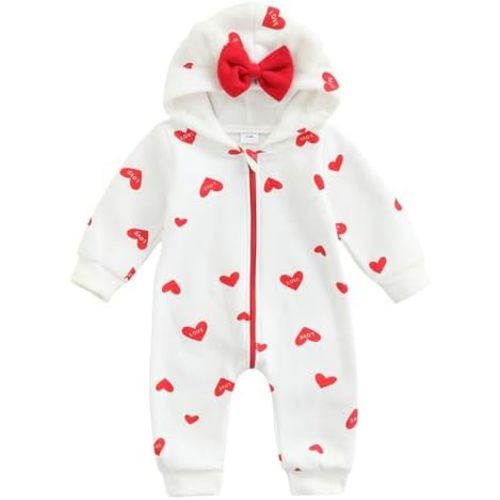 Newborn Baby Girl Hooded Jumpsuit Heart Cow Zip Up Long Sleeve Infant One Piece Romper Snowsuit Valentines Outfit