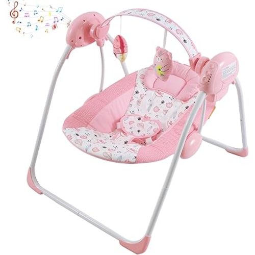 Baby Swing for Baby Girl,Newborn Swing with Music,5 Speed Levels,Timing Setting,Soft Cushion,Pink Foldable Infant Swing for Indoor Outdoor Use 0-9 Months
