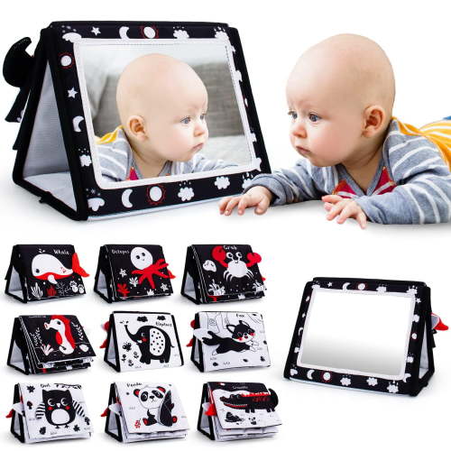 Tummy Time Mirror, Baby Tummy Time Toys with Soft Book, Black and White High Contrast Baby Toys, 3D Activity Sensory Montessori Toys Crawling Mat