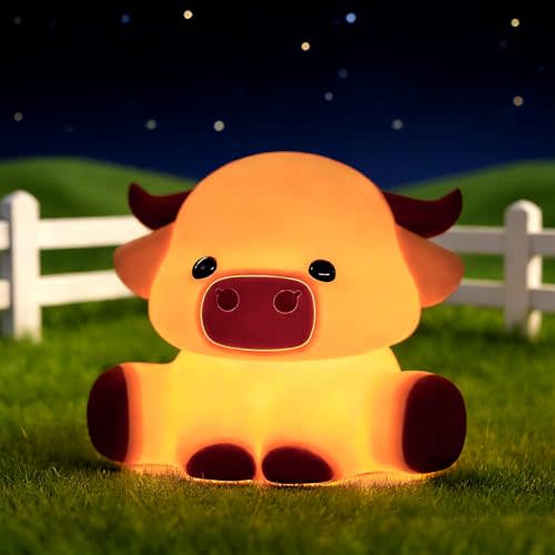 Highland Cow Night Light, Kids Rechargeable LED Lamp with Timer | Soft Silicone Touch Control, Adjustable Brightness, 3-Level Dimming, Bedside Lamp for Nursery and Bedroom, Boys & Girls Gift