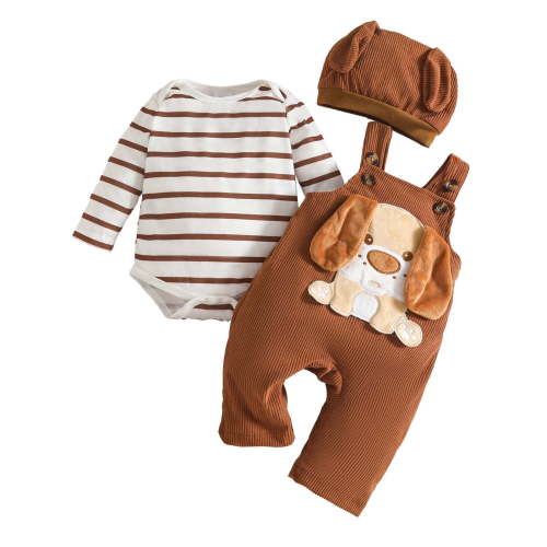 RUTAYY Infant Boys Girls Clothing Sets Long Sleeve Striped Prints Romper Bodysuit Cartoon Suspender Pants Leisure Trendy Outfit Sets