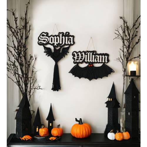 Macrame Bat Name Sign, Bat Wall Decor, Nursery Room Decor, Name Door Sign, Halloween Decor, Macrame Wall Hanging, Spooky Bat V06