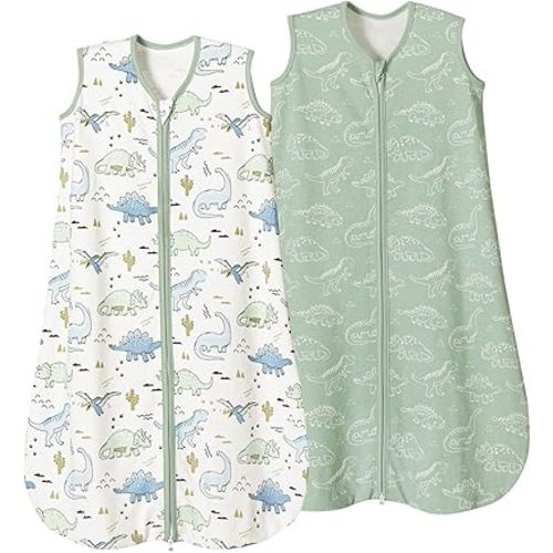 david's kids 2 Pack 100% Organic Cotton Baby Sleep Sack 0-6 Months, Ultra Soft Baby Wearable Blankets with 2-Way Zipper, Comfy Sleep Sack for Newborn Boys Girls Neutral, Small Size, Dinosaur Park