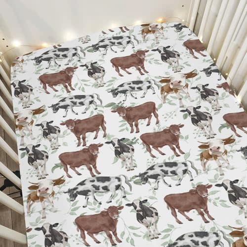 Vintage Cows Boho Leaves Baby Crib Sheets for Boy Girl 28"x52" Farmhouse Cow Lovers Gift Soft Snug Fitted Crib Mattress Cover Spring Farm Animal Baby Sheet for Standard Crib & Toddler Mattress