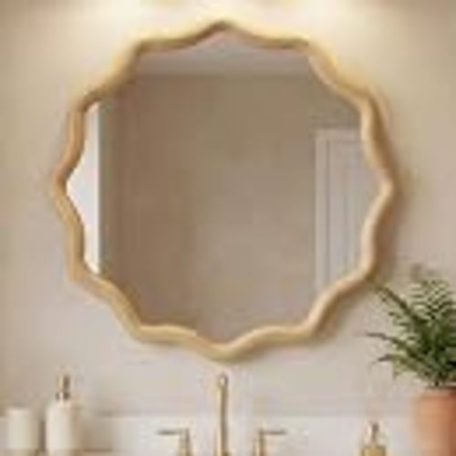 Vercraft 24" Scalloped Wood Wall Mirror, Boho Wall Decor, Natural | Tempered Glass, Decorative Wavy Edge, Hook on the Back for Hanging, Nursery, Bathroom Entryway