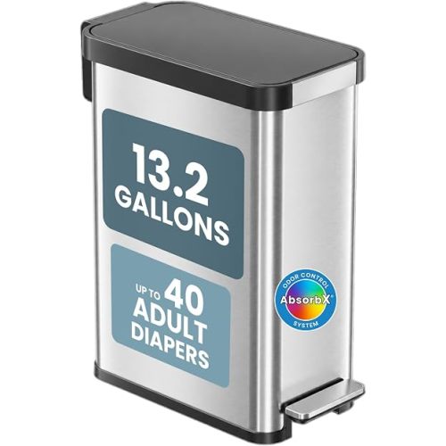 Patented 13 Gallon STEP Adult Diaper Pail, Fits Kitchen Bags, Odor Filter Trash Can Large 40+ Diapers Capacity, No Refills Needed, Incontinence Underwear Nursery Diapers ADA Compliant, Stainless Steel