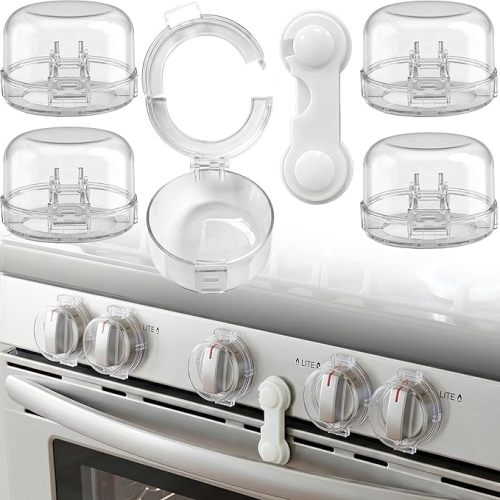 Stove Knob Safety Covers, V-0 Flame Retardant, 5 Covers & 1 Lock
