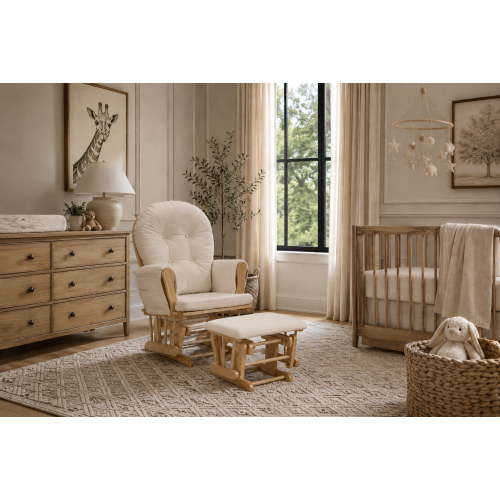 Suite Bebe Mason Wooden Nursery Rocking Chair with Ottoman, Baby Nursing Glider Rocker, Poetic Natural/Beige