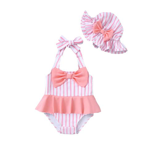 KIMI BEAR Newborn Baby Girls One-piece Swimsuits 0-3 Months Summer Bathing Suits Off the Shoulder Sleeveless Halter Bow Striped Beach Wear Holiday Rash Guard with Headband 2pcs Pink