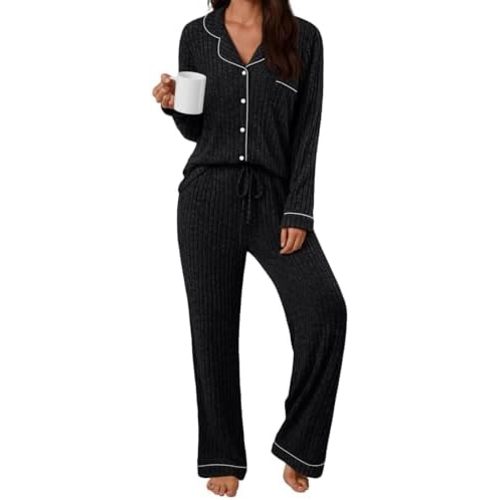 LILLUSORY Womens Winter Pajama Sets Lounge 2 Piece Pj Matching Cute Soft Long Sleeve Sleepwear
