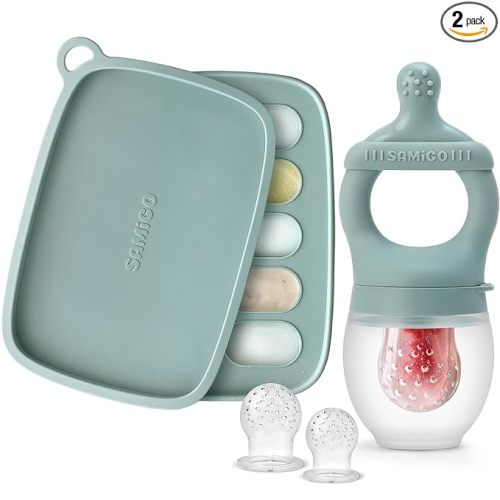 SAMiGO Baby Food Fruit Feeder and Breastmilk Popsicle Mold Set, Silicone Fruit Teether, Food Feeder Pacifier for Teething Relief, Freezer Tray, Baby Feeding Essentials, 4 Months+