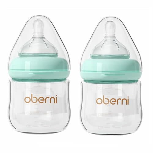 Oberni Glass Baby Bottles,Anti Colic Breastfeeding Bottle with Natural Response Nipple Size S,Wide Neck Slow Flow Baby Bottle for Baby,Newborn,Preemie 0-3 0-6 Month,BPA Free (Blue, 2 Pack, 4 Ounce)
