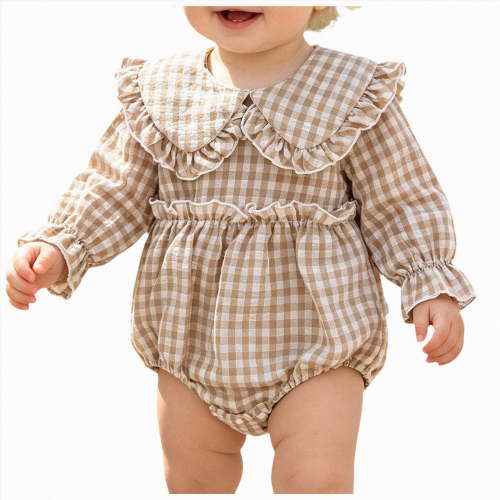Gerichy Infant Baby Girl Plaid Romper Baby Bubble Romper Ruffle Clothes Fall Winter Outfits with Headband 0-18 Months