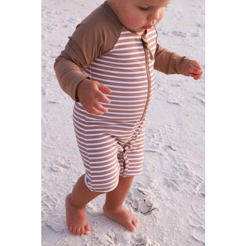 Long Sleeve Rash Guard Swim Romper Shortie | Sandy Stripes