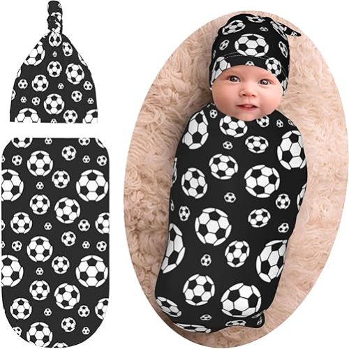 Soccer Print Baby Stuff Newborn Swaddle Blanket Beanie Set, Soft and Stretchy Baby Soccer Outfit Swaddle Sack for Infant Boy and Girl Gift