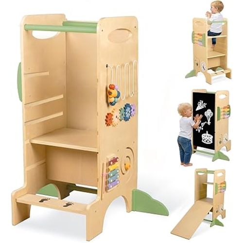 aiwo Toddler Tower Kitchen Step Stool, 3 Adjustable Height Standing Tower, Chalkboard & Montessori Activities Game