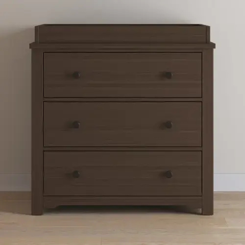 Harmony 3-Drawer Dresser with Baby Changing Table Topper, Brushed Truffle | Child Craft
