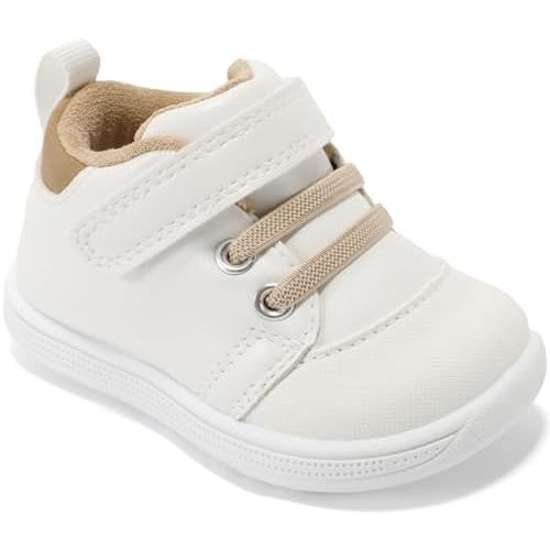 Unisex-Baby Mid-Top First Walker Shoes Wide Toe Box Toddler Boy Girl Barefoot Shoe Soft PU Leather Infant Sneakers with Hook-and-Loop
