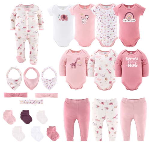 The Peanutshell Layette Gift Set for Baby Girls, 23 Essential Pieces, Pink Rainbow Safari Animals, 9-12 Months