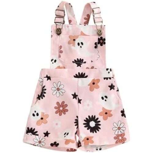 Adobabirl Toddler Baby Girl Halloween Outfit Ghost Pumpkin Overalls Romper Suspender Shorts Jumpsuit Cute Fall Clothes