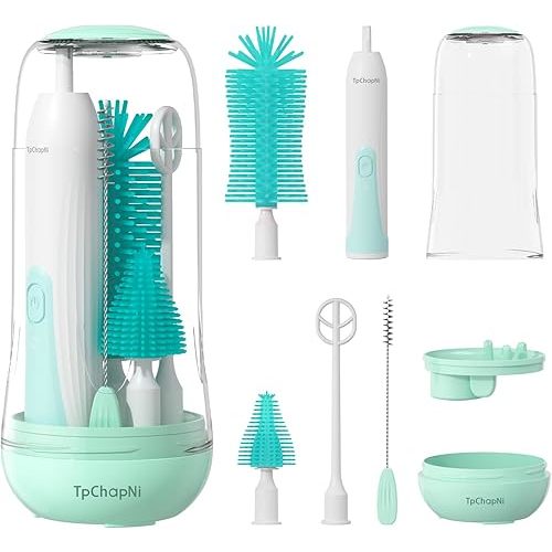 Electric Travel Baby Bottle Brush Set, Electric Bottle Brush Cleaner, Silicone Bottle, Nipple and Straw Brush, Stirring Disperser, Drainage Rack, Storage Box (Green)