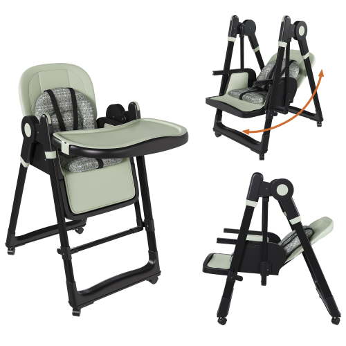 Convertible Baby High Chair to Rocker with 5-Point Harness, Foldable Infant Feeding Chair with Silent Locking Wheels & Removable 2-Tier Easy-Clean Tray for 6M-3Yrs (Dark Green)