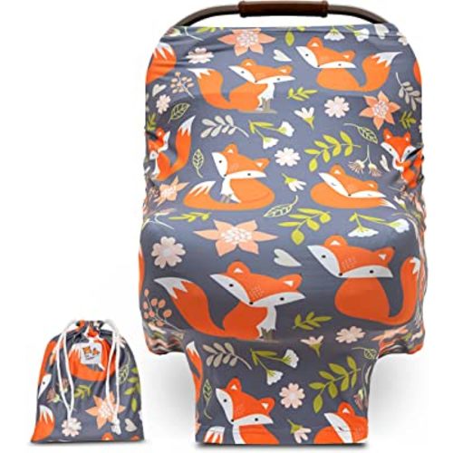 Baby Car Seat Canopy and Nursing Cover Up for Breastfeeding Moms | Multi-use 5-in-1, Breathable, Soft, Stretchy, Washable, Universal Fit | Cute Unisex Woodland Fox Pattern