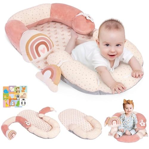 4 in 1 Tummy Time Mat & Seated Support Pillows with Educational Cards, Play Mat, Sitting Support for Newborn 0-12 Months, Infant Sit Up Floor Seat, Sensory Development Gifts Play Toys, Rainbow