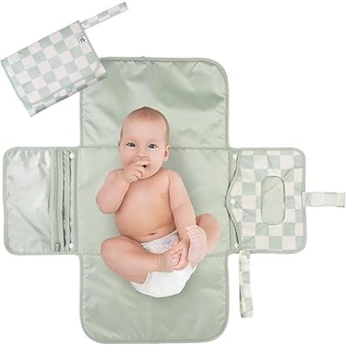 Tiny Twinkle Portable Diaper Changing Pad-Foldable Waterproof Changing Mat&Portable Changing Pad for Travel,Baby Changing Station with Smart Wipes Pocket&Storage (Sage Checkers)