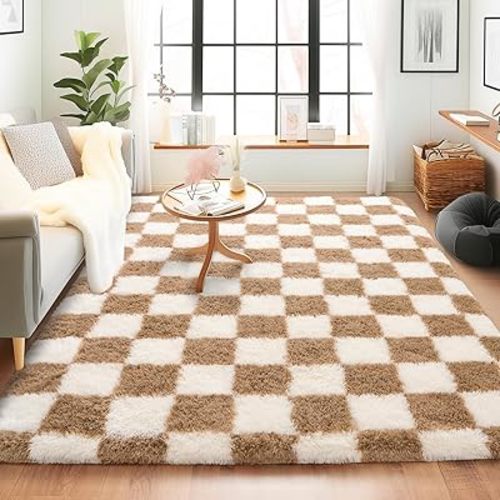 Rugs for Bedroom, 4x6 Fluffy Fuzzy Shag Checkered Area Rug for Living Room, Modern Plush Soft Upgrade Non-Slip Carpet for Kids Girls and Boys Room Dorm Nursery Home Decor, Cream and Beige