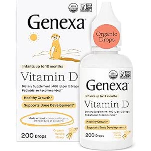 Genexa Infants Vitamin D Liquid Drops for Newborn, Baby & Toddler | Supports Growth & Bone Development | Delicious Organic Vanilla Flavor | Certified Organic, Gluten Free, & Non-GMO | 90 Servings