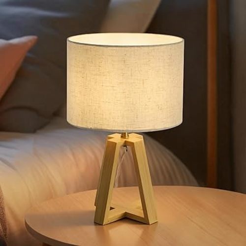 Cross-Base Table Lamp, Small Bamboo Bedside Lamp with Beige Linen Lampshade, Boho Modern Nightstand Lamp for Bedroom Living Room Office,E26 Socket (Natural Color)