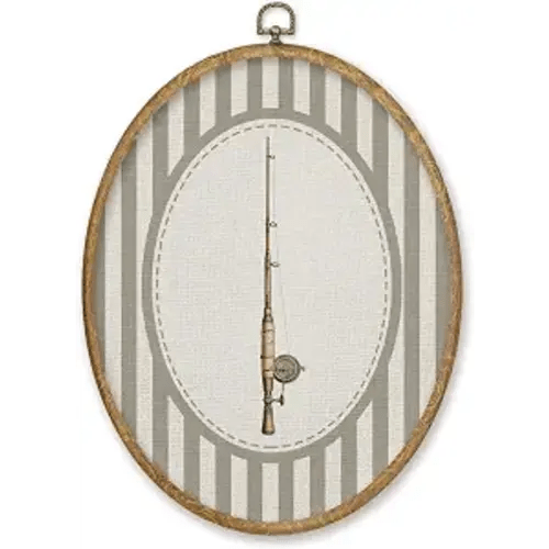 CGBHW Vintage Fishing Boy Nursery Oval Wall Art Decor, Kids Room Canvas Prints Framed, Neutral Striped Fishing Rod Wall Art Hanging Decor for Home Kitchen Kids Boy Nursery Room Bedroom Playroom, 8.6x11.4 Inch