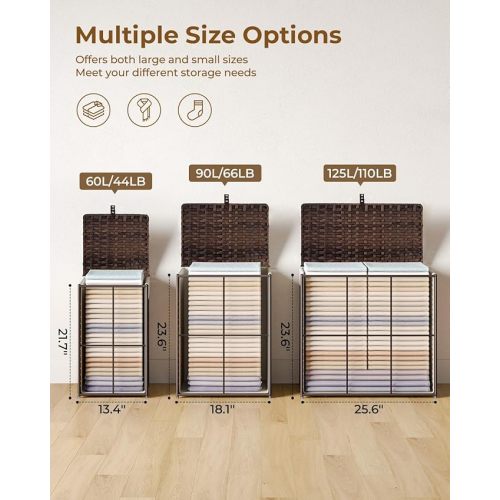 Greenstell Laundry Hamper with Lid, 90L Clothes Hamper with 2 Removable Liner Bags & 2 Mesh Laundry Bags, Handwoven Synthetic Rattan Laundry Basket for Clothes, Toys in Bathroom, Bedroom Brown