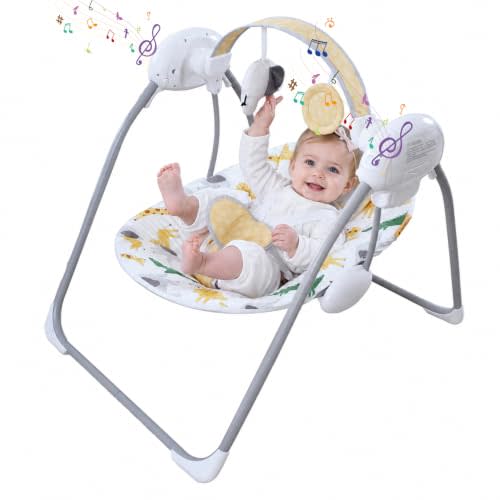 Baby Swing for Infant,Newborn Swing with Music,5 Speed Levels,Timing Setting,Soft Cushion,Foldable Infant Swing with Hanging Elephant Toy & Mirror for Indoor Outdoor Use 0-9 Months