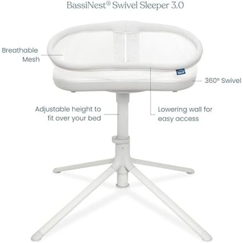 HALO BassiNest Swivel Sleeper 3.0 – Over-Bed Baby Bassinet with 360 Rotation, Adjustable Height, Breathable Mesh, Safe Close Sleeping, Lowering Wall for Easy Access, Feeding & C-Section Recovery