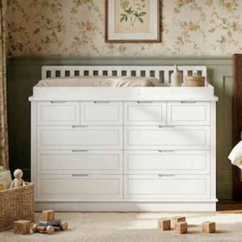 White 100% Pine Solid Wood 10 Drawer 55.1 in. Dresser without Mirror with Changing Table,Chest of Drawers,Accent Storage