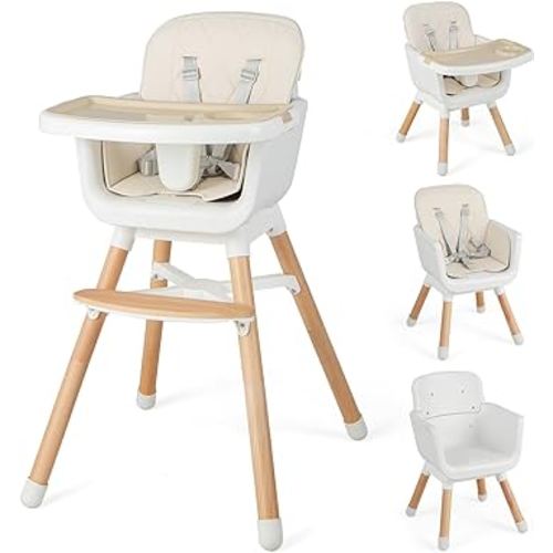 HONEY JOY Baby High Chair, 6 in 1 Convertible Wooden Highchair for Babies & Toddlers, Adjustable Legs, Removable Double-Layer Food Tray, PU Cushion and Footrest for Infants Boys Girls (Beige)